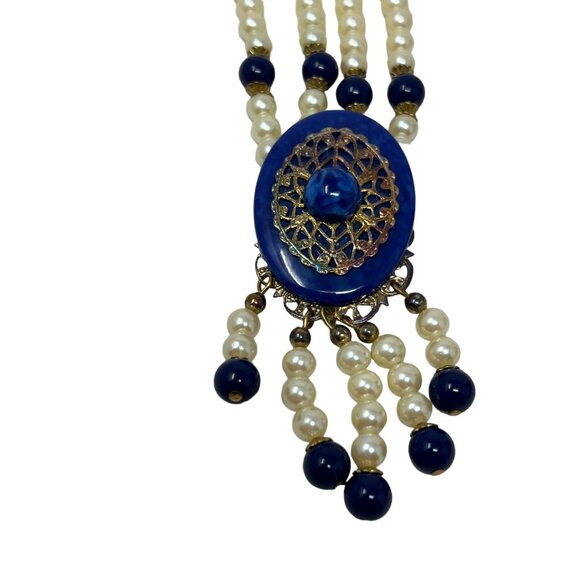 Handmade Statement Necklace Faux Pearl Blue Pendant Gold Tone Accents - Picture 2 of 10